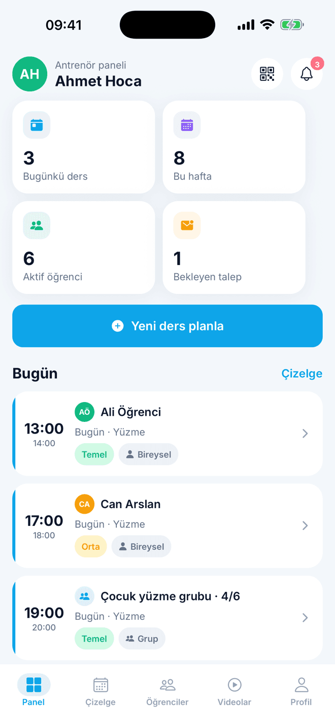 Antrenda antrenör paneli: bugünkü dersler ve haftalık özet