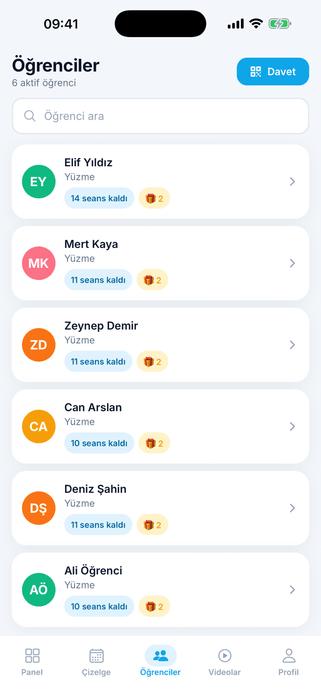 Öğrenci listesi ve kalan seanslar