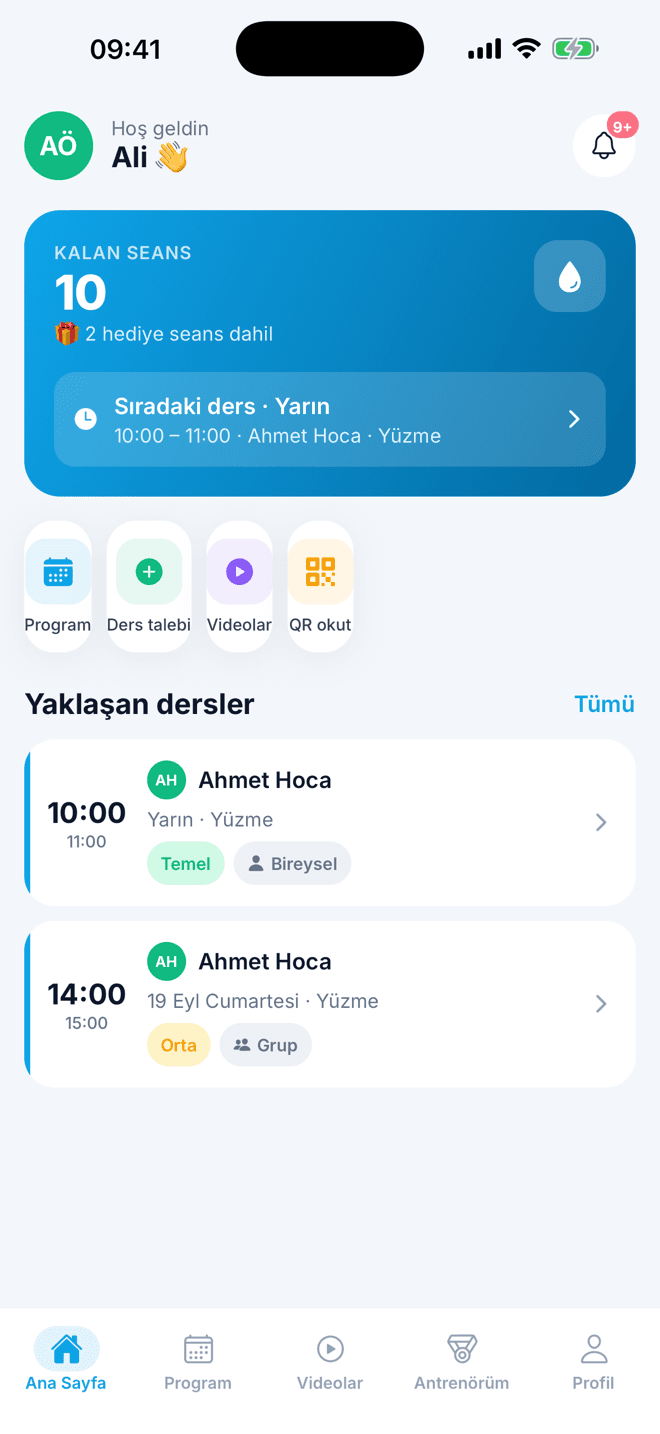 Öğrenci ana sayfası: kalan seans ve yaklaşan dersler
